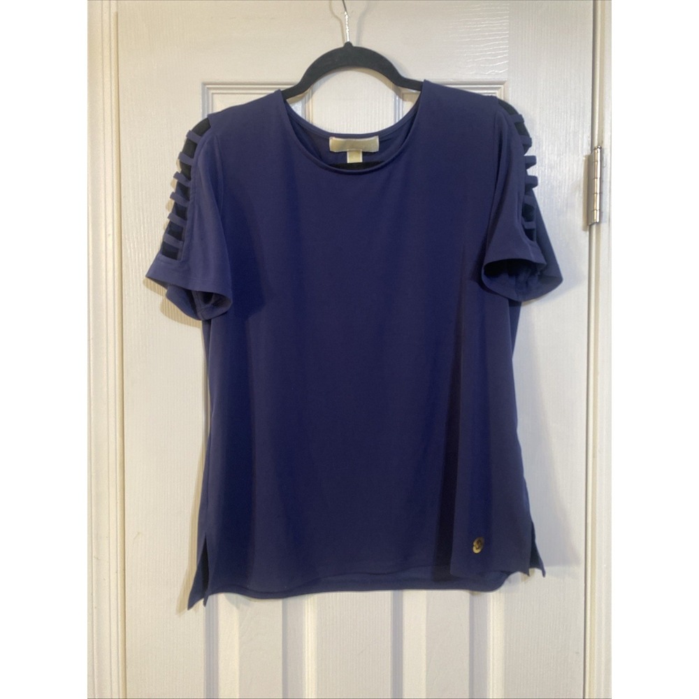 Michael Kors Shirt Womens Large Navy Blue Ladder Sleeve Stretch Top Short Sleeve